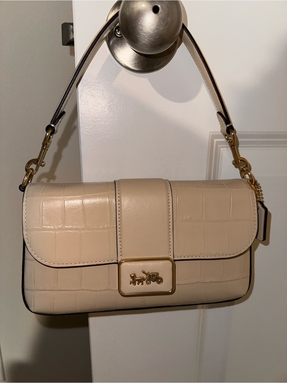 Coach Croc-Embossed Leather Shoulder Bag in Cream with Gold Hardware